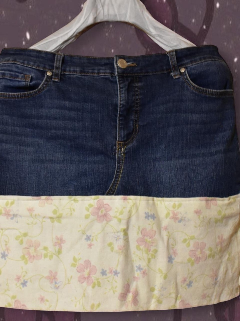 Classic Dark Blue Denim Skirt with Floral Hem